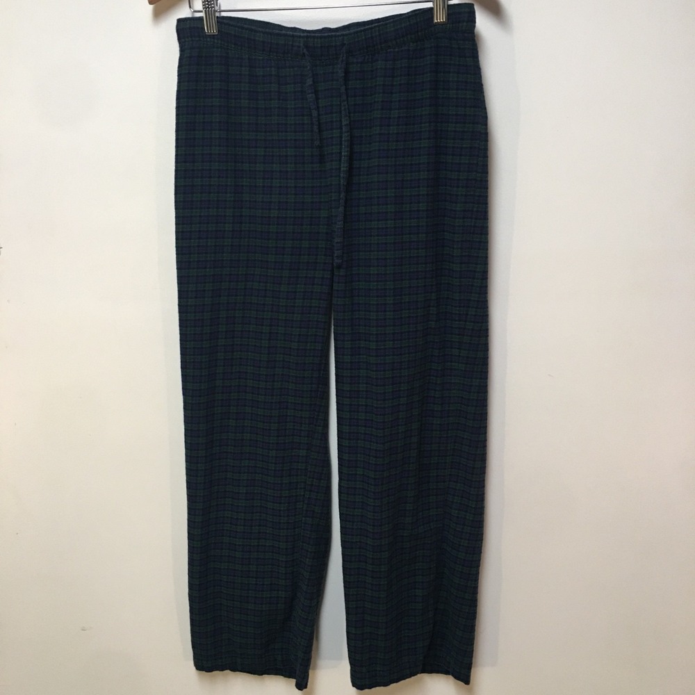 GapBody Pajama Pants Women Small Blue Green Plaid Flannel Drawstring 100% Cotton
